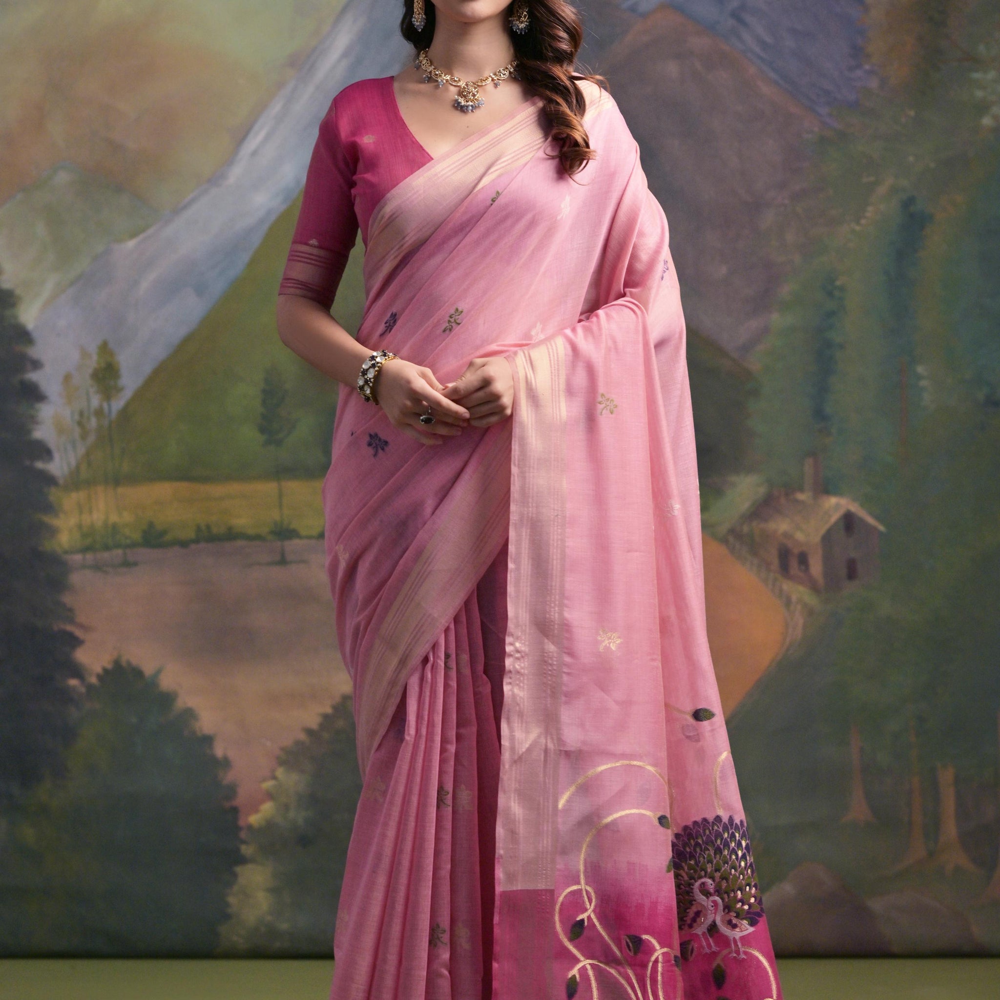 Premium Soft Muga Cotton Pink Saree