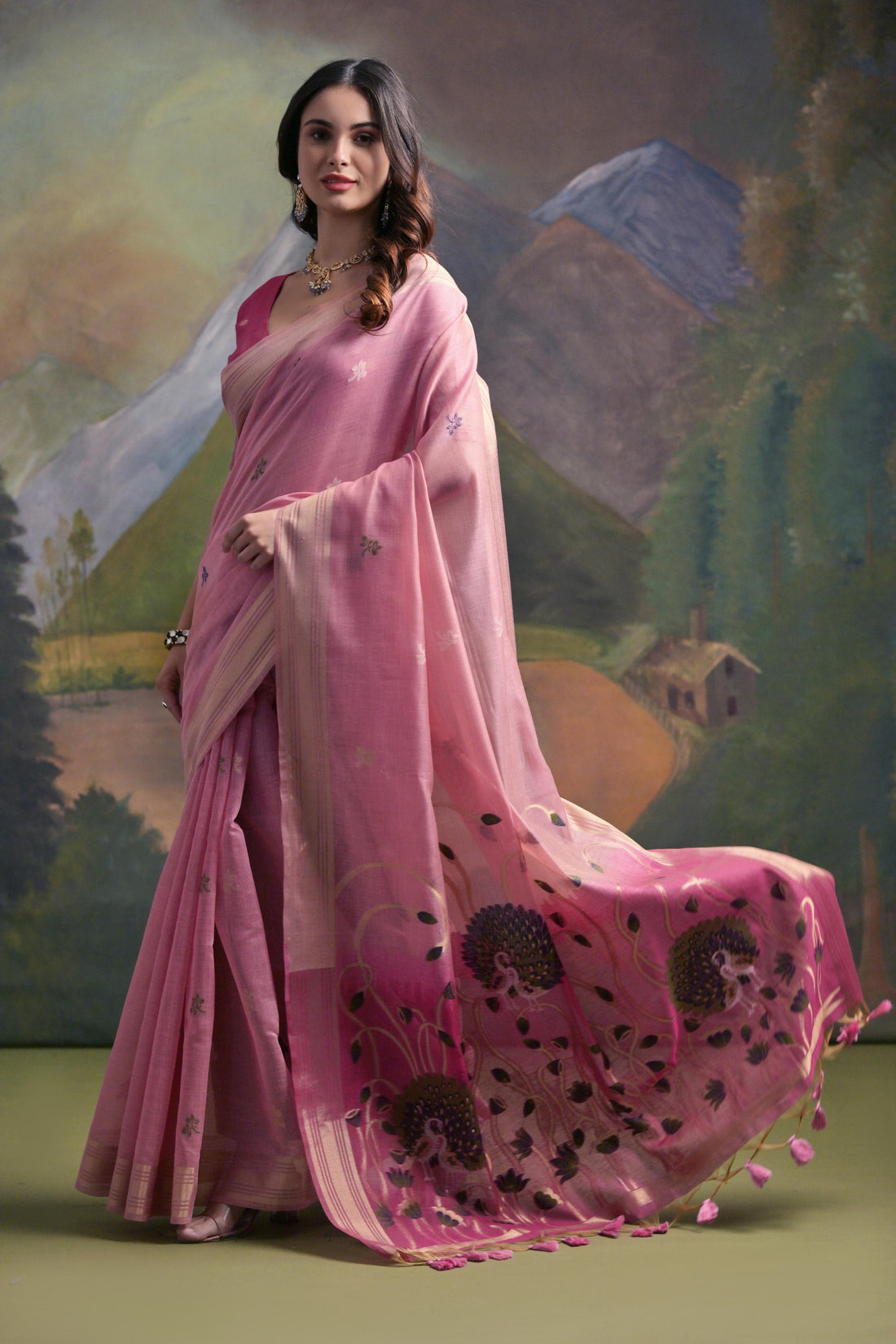 Premium Soft Muga Cotton Pink Saree
