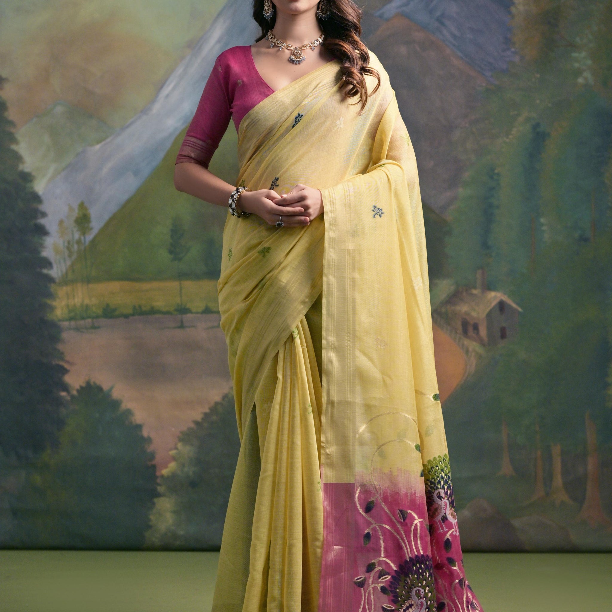 Premium Soft Muga Cotton Yellow Saree