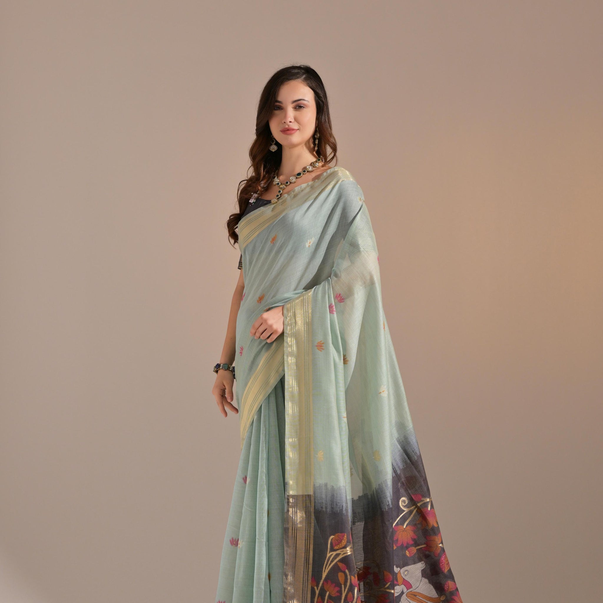 Premium Soft Muga Cotton Firozi  Saree