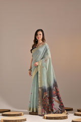 Premium Soft Muga Cotton Firozi  Saree