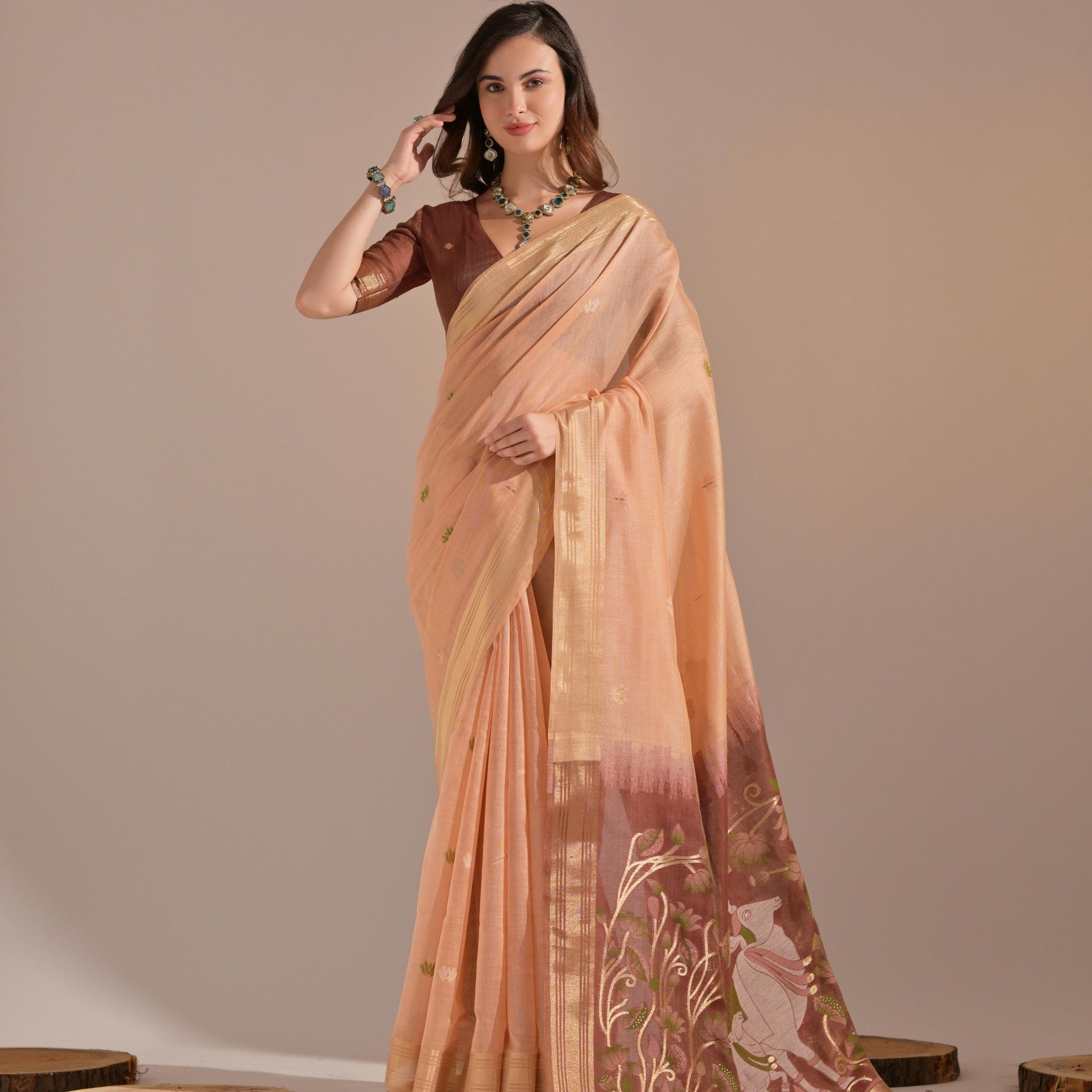 Premium Soft Muga Cotton Peach Saree