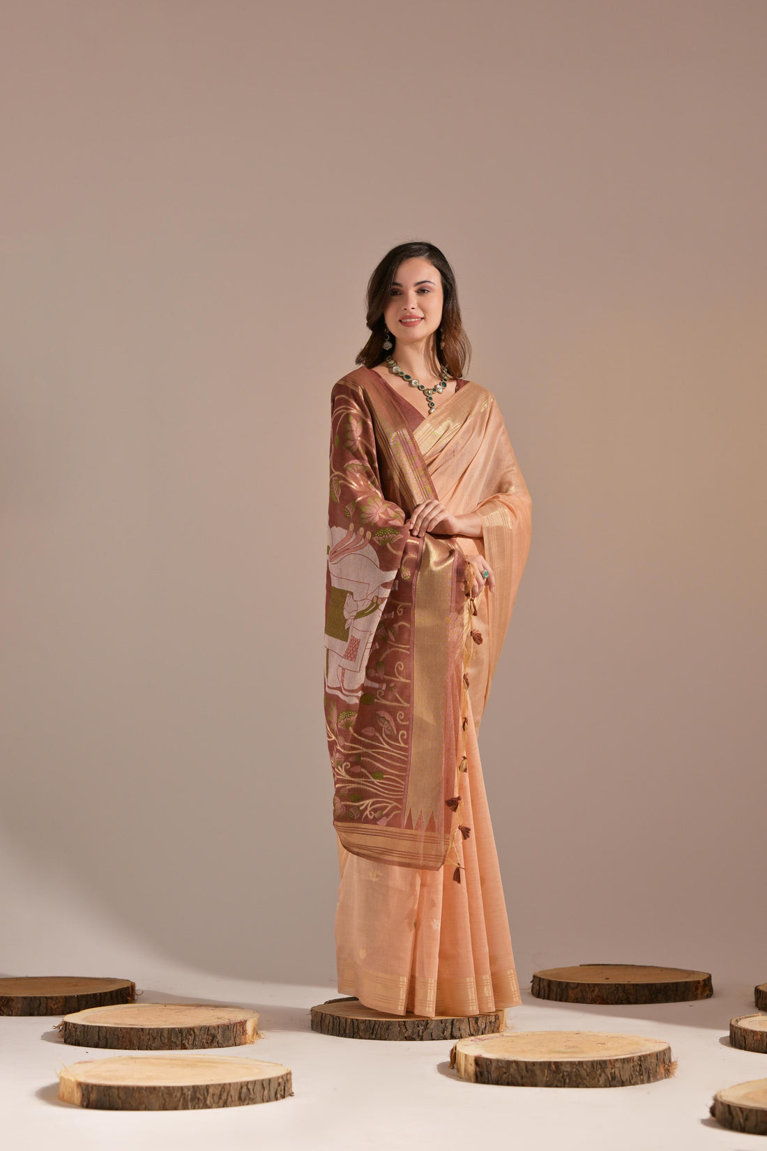 Premium Soft Muga Cotton Peach Saree