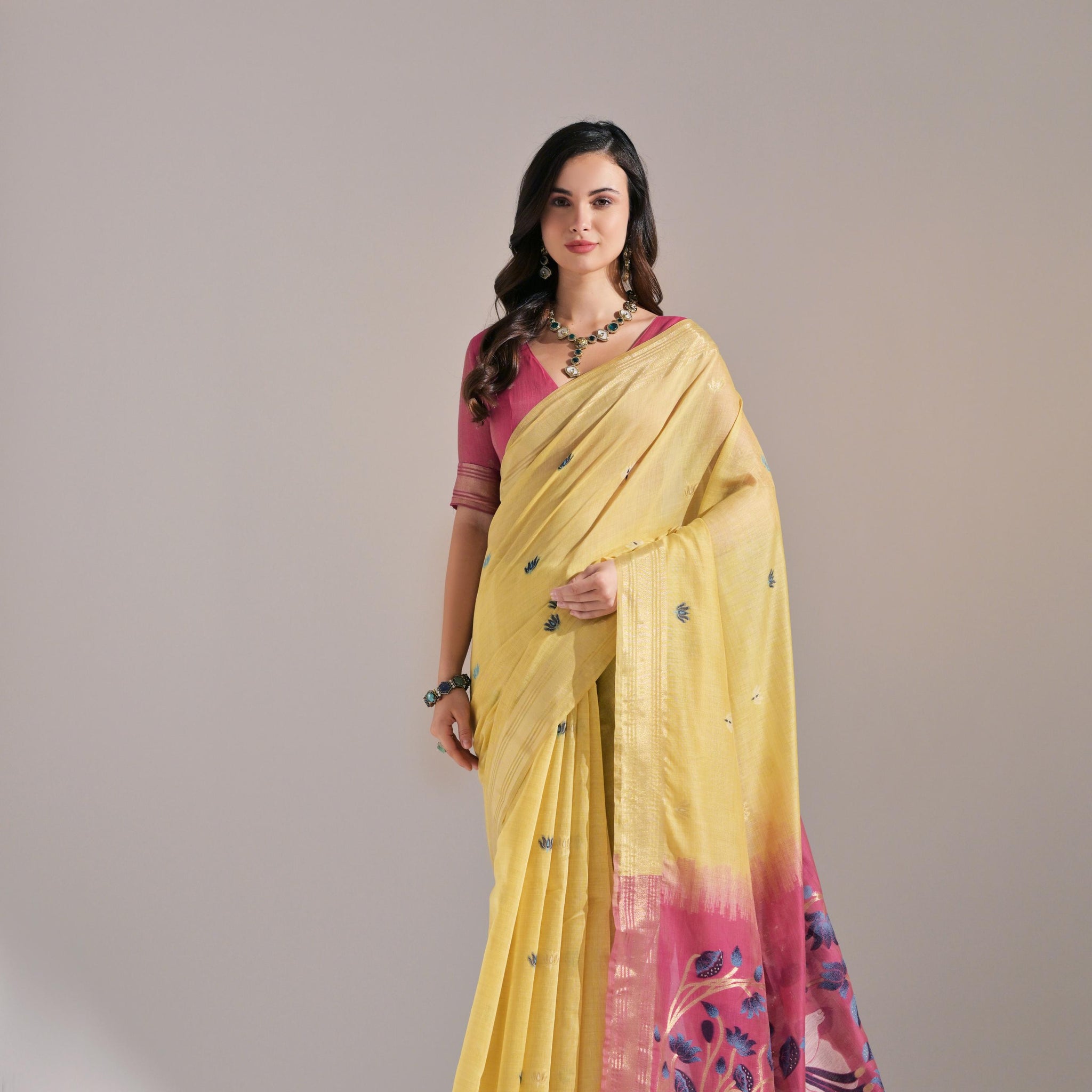 Premium Soft Muga Cotton Yellow&pink Saree
