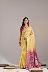 Premium Soft Muga Cotton Yellow&pink Saree