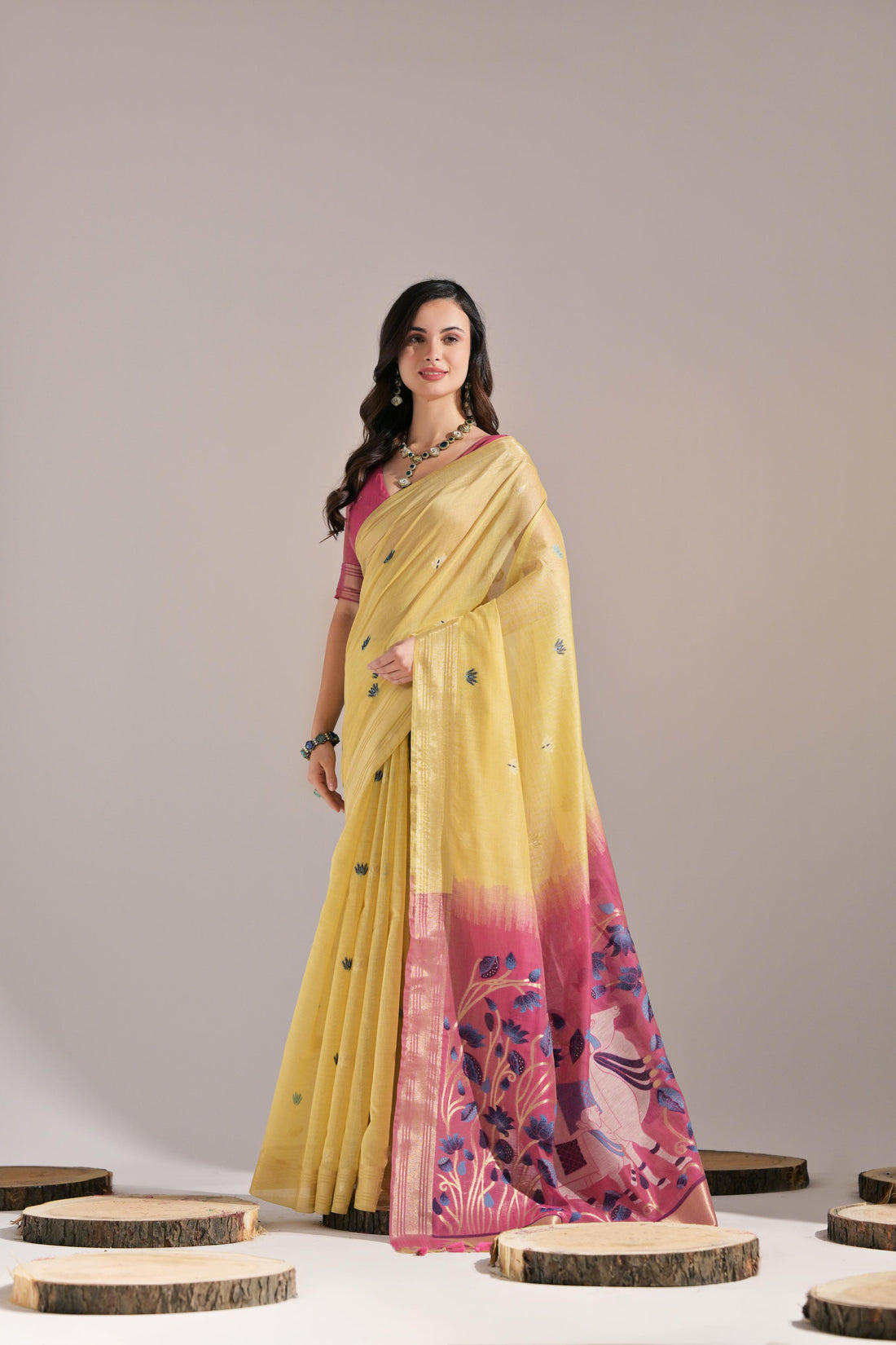 Premium Soft Muga Cotton Yellow&pink Saree