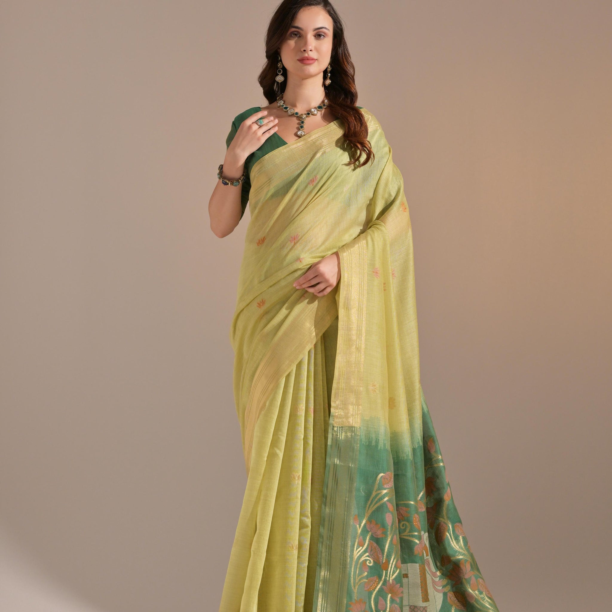 Premium Soft Muga Cotton Yellow&green Saree