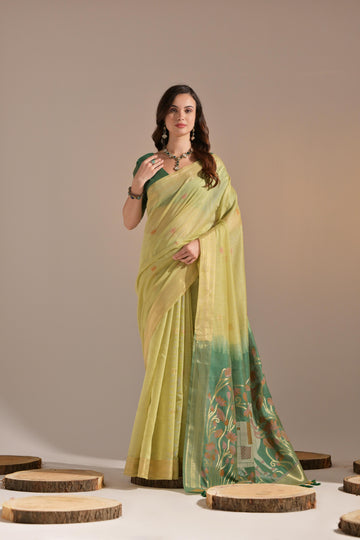 Premium Soft Muga Cotton Yellow&green Saree
