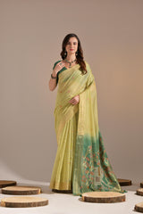 Premium Soft Muga Cotton Yellow&green Saree