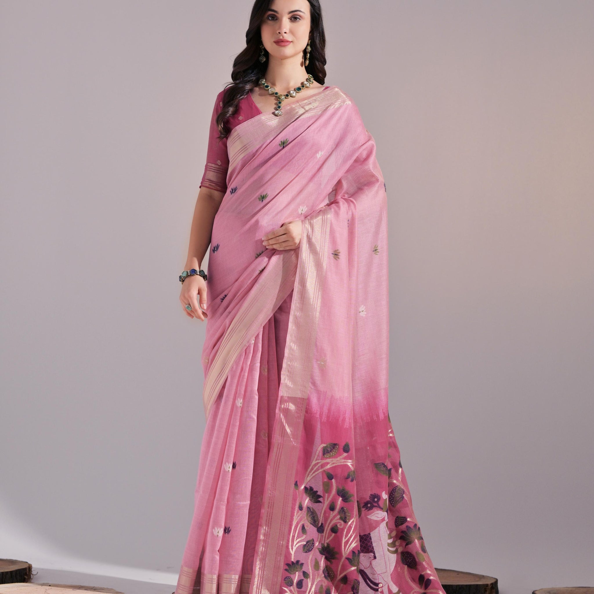 Premium Soft Muga Cotton Pink Saree