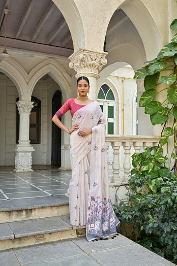 Premium Soft Muga Silk White & Pink Blouse