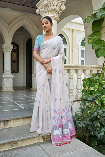 Premium Soft Muga Cotton Sky   Saree