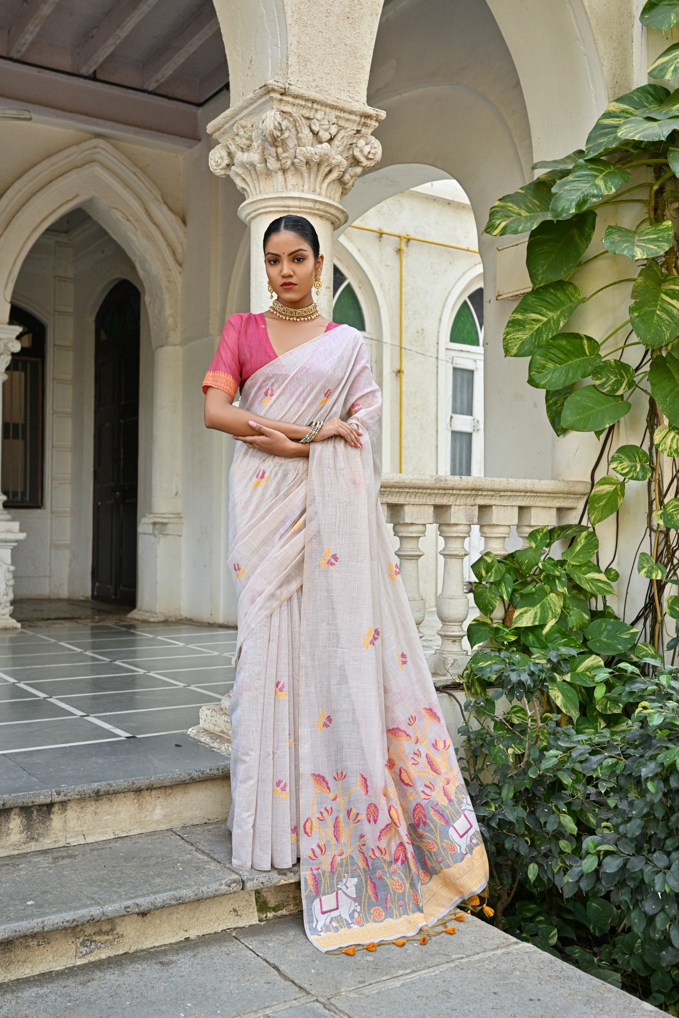 Premium Soft Muga Cotton Peach Saree