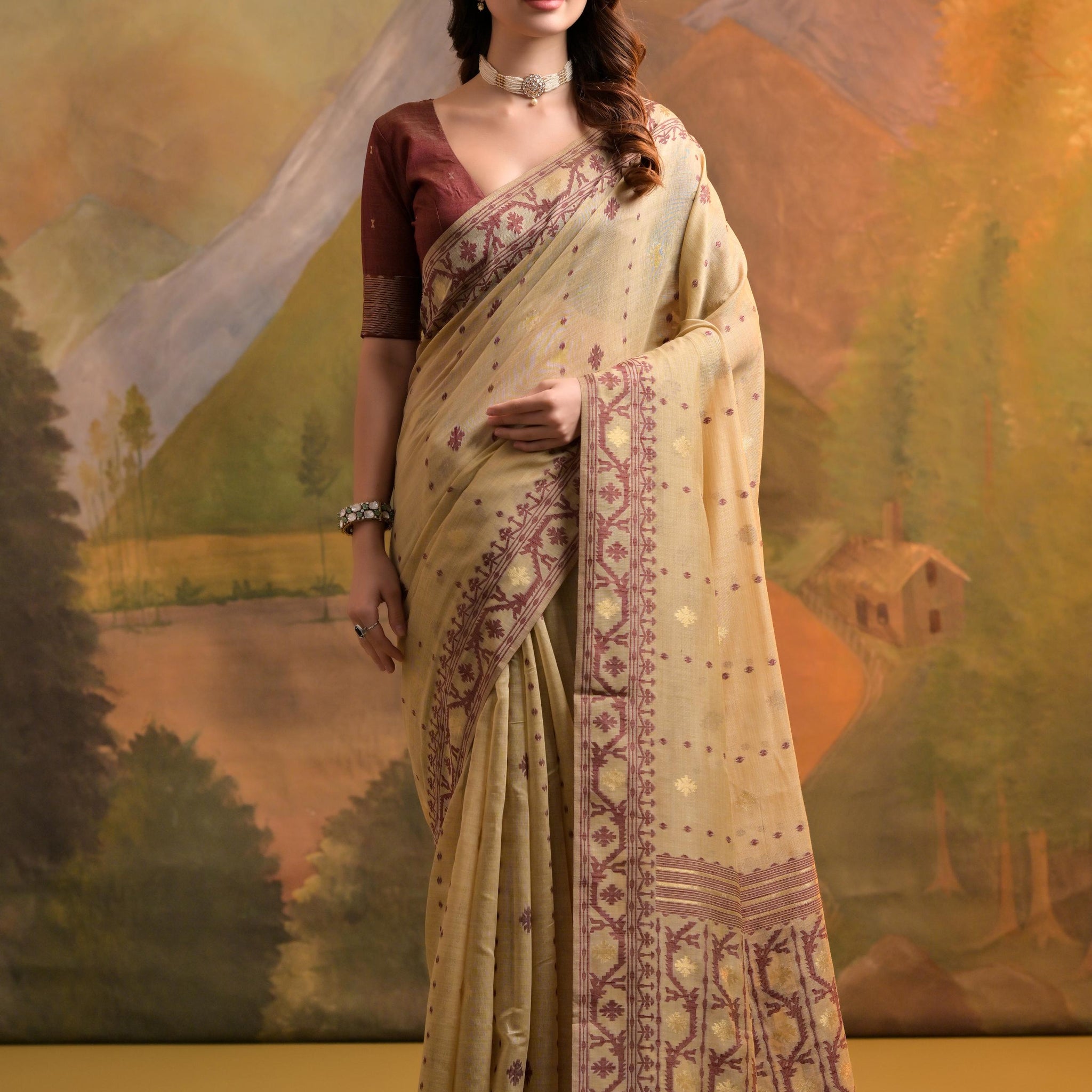 Premium Soft Muga Cotton Cream Saree