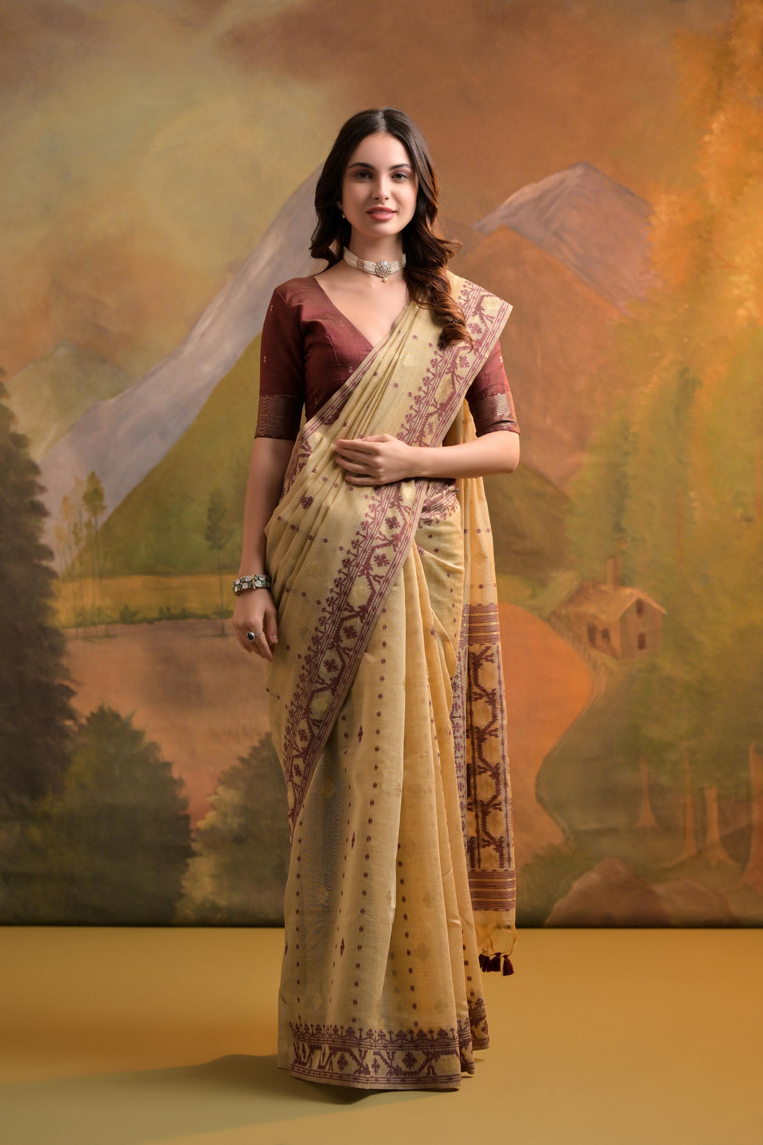 Premium Soft Muga Cotton Cream Saree