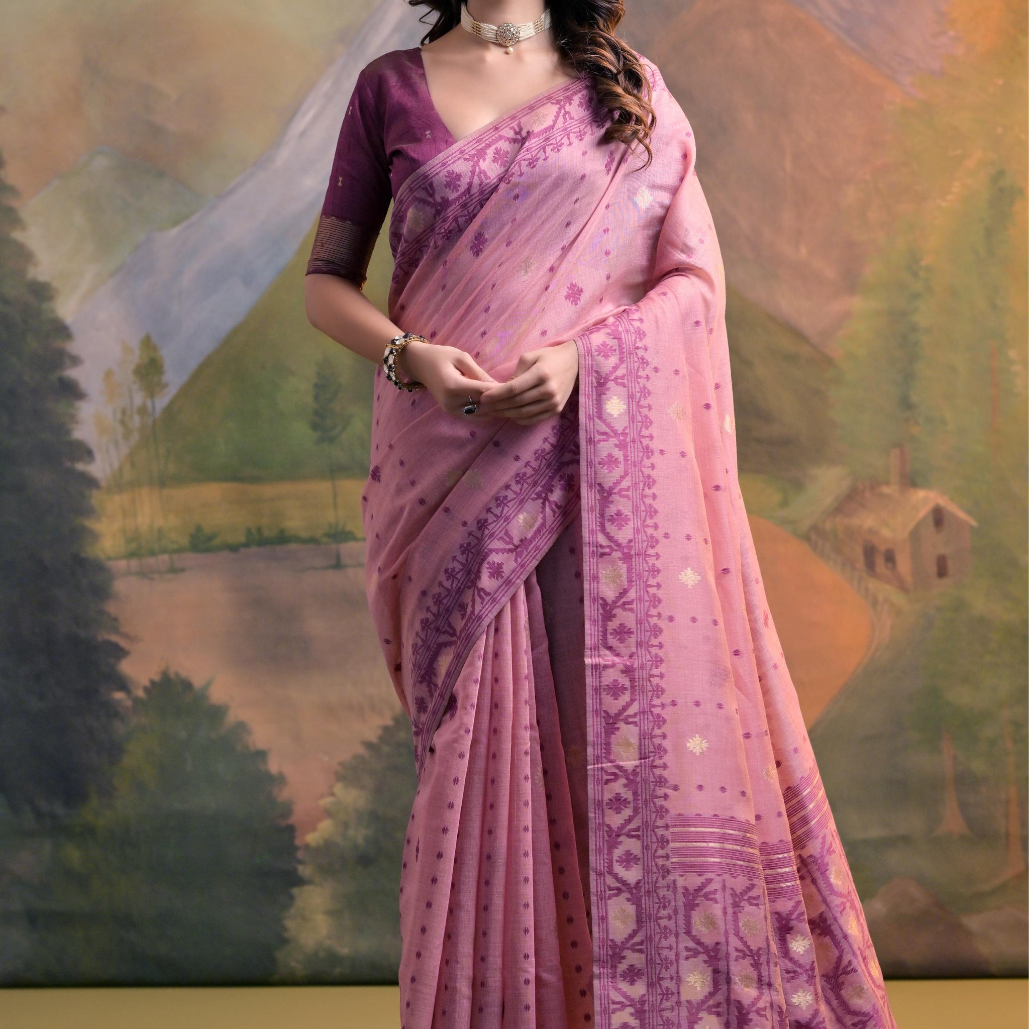 Premium Soft Muga Cotton Pink Saree