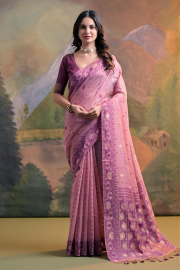 Premium Soft Muga Cotton Pink Saree