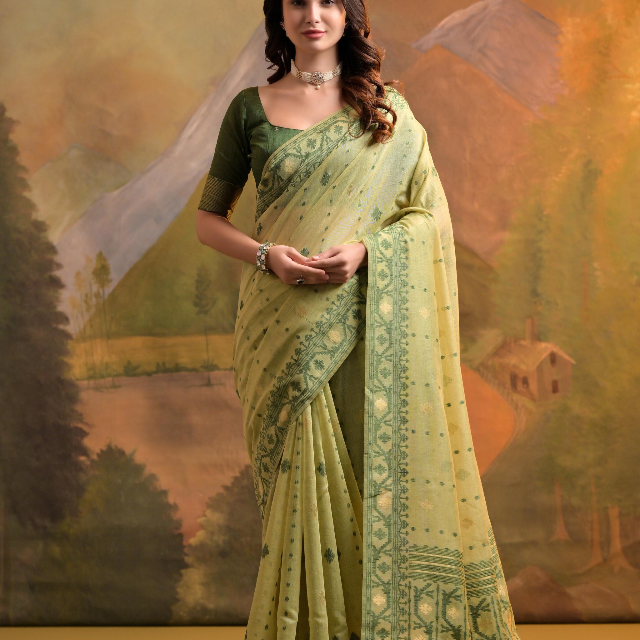 Premium Soft Muga Cotton Pista Saree