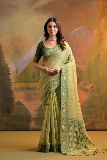 Premium Soft Muga Cotton Pista Saree
