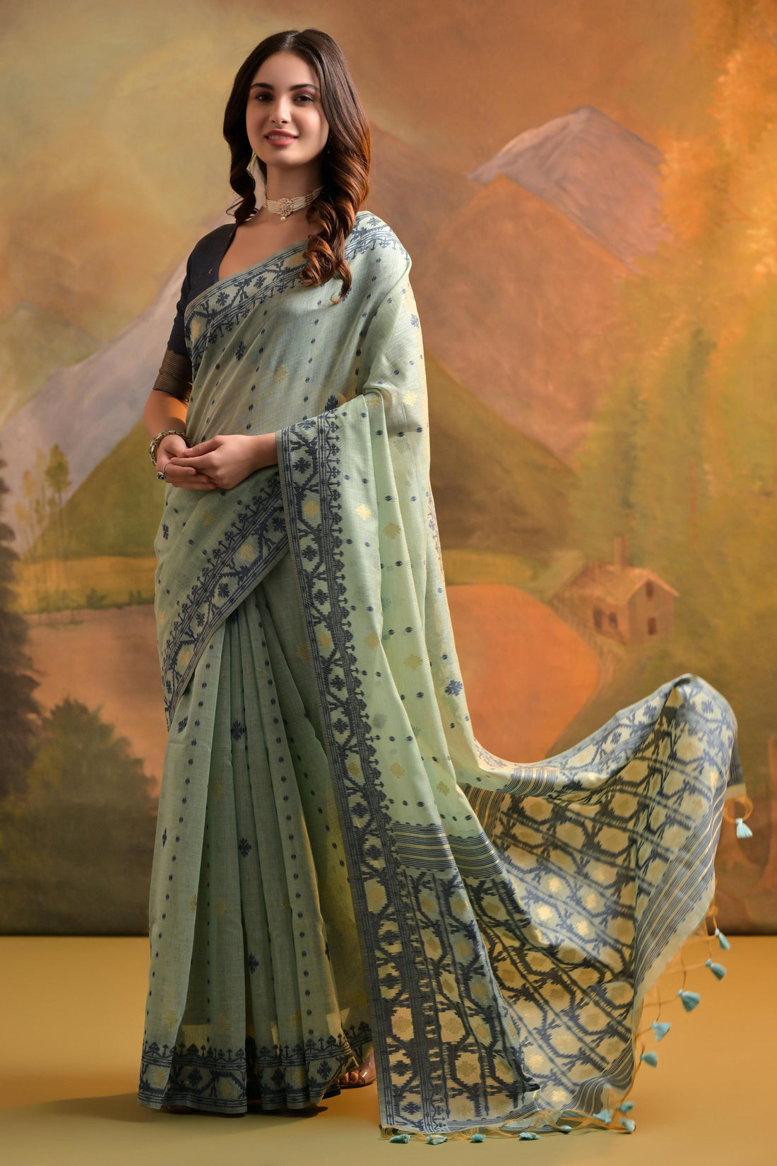 Premium Soft Muga Cotton C Green Saree