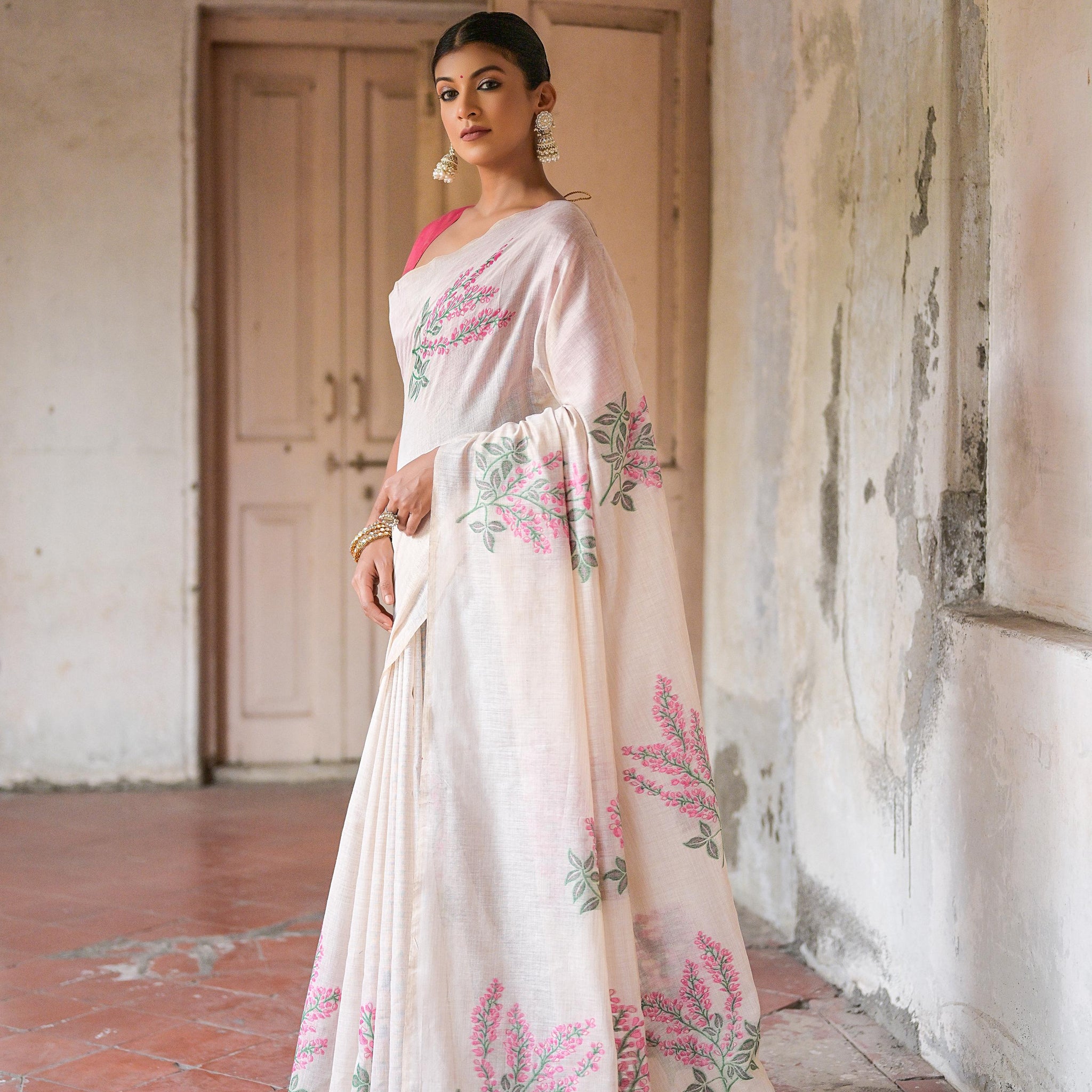 Premium Soft Muga Cotton Pink Saree