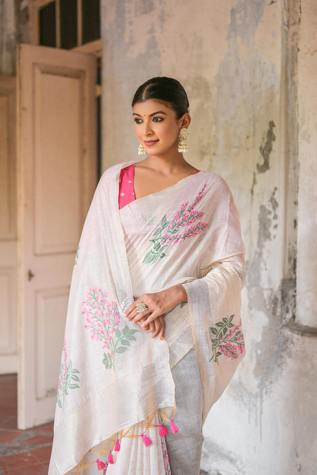 Premium Soft Muga Cotton Pink Saree