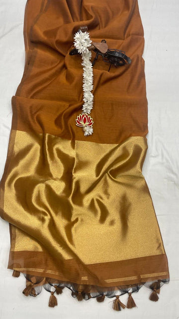 ORENGE HANDLOOM KHADI COTTON SAREE WITH GOLDEN ZARI PALLUWITH HEVY TASSELS