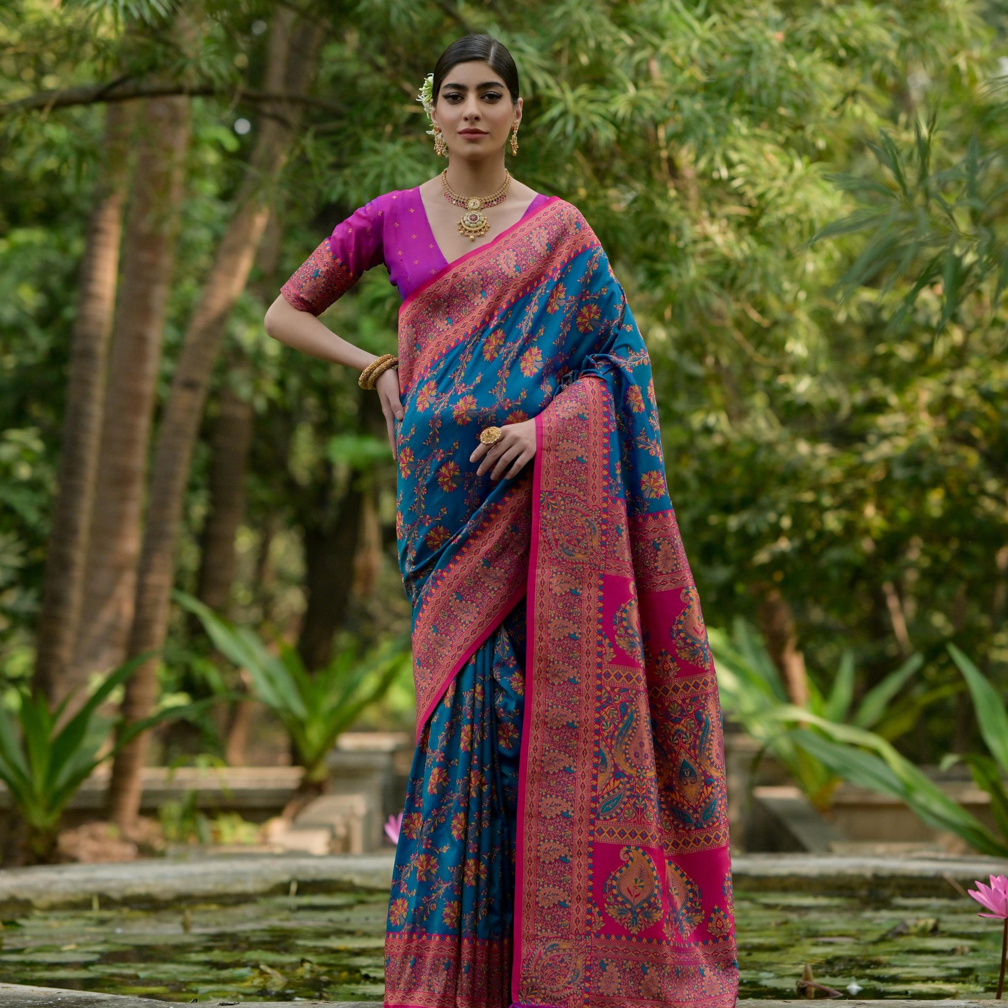 Soft Pashmina Silk Firozi Saree