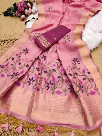 Premium Soft Chanderi cotton Pink saree