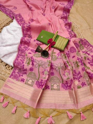 Premium Soft Chanderi cotton  Pink saree