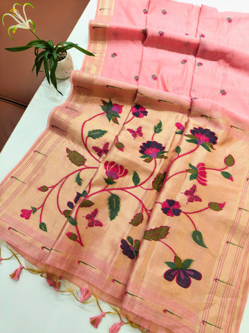Premium Soft moga cotton paithani  Pink sare