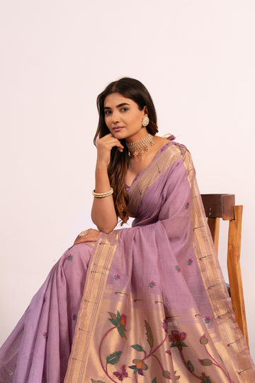 Premium Soft moga cotton paithani   lavender  sare
