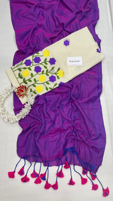 PURPLE  Handloom Khadi Cotton Saree  Whith Pichhvay Embroidery  Blouse Piece