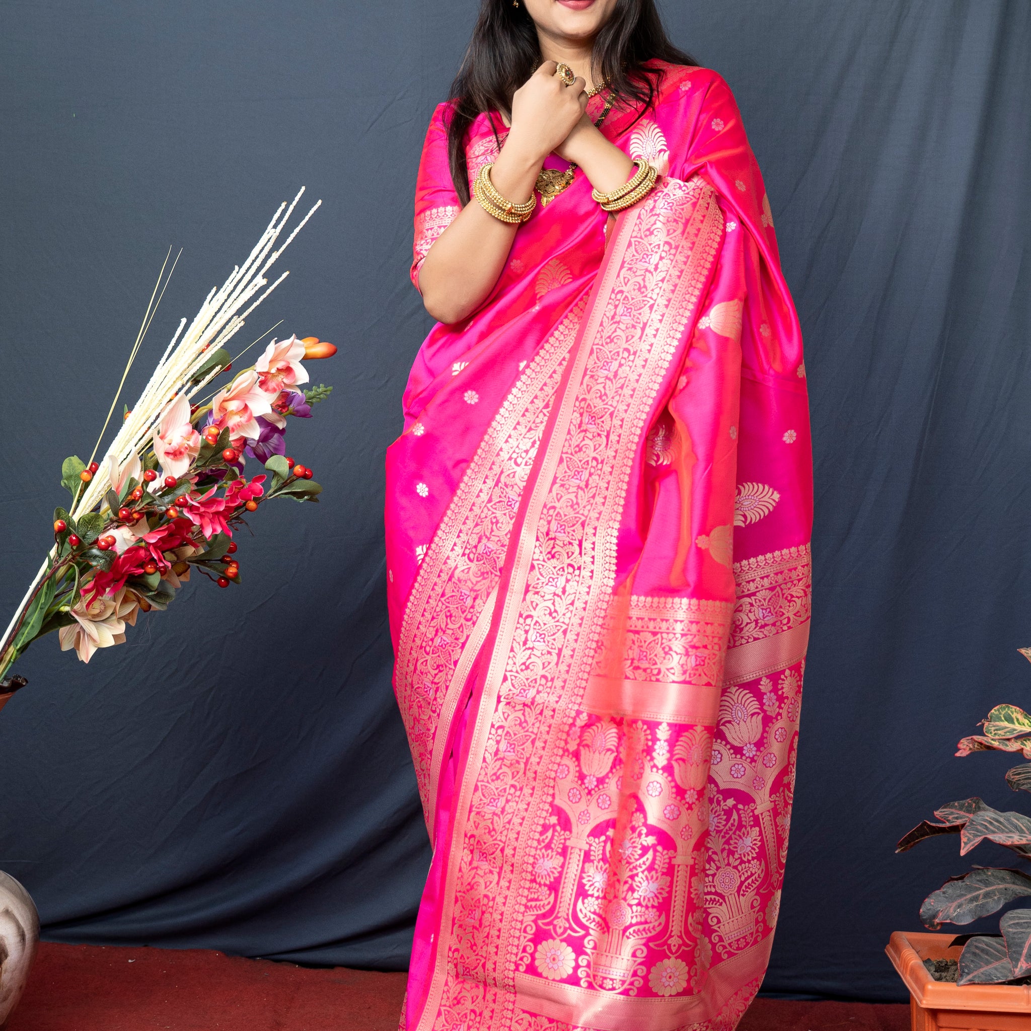 soft banarasi silk pink saree