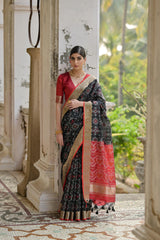 Soft Desi Raw Silk Red Black  saree