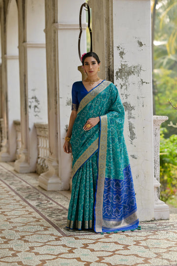 Soft Desi Raw Silk Firozi saree