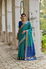 Soft Desi Raw Silk Firozi saree