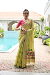 PREMIUM SOFT CHANDERI  COTTON  MEHNDI GREEN  SAREE |