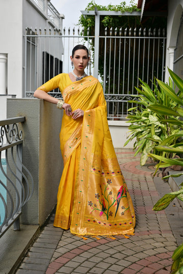Soft Banarasi silk paithani yellow saree