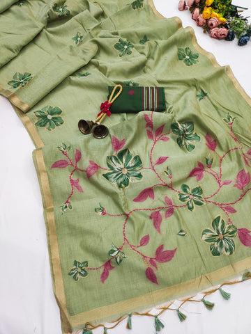 PREMIUM SOFT MUGA COTTON  GREEN SAREE