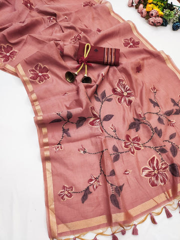 PREMIUM SOFT MUGA COTTON PINK  SAREE