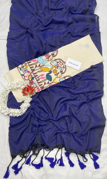 Royal Blue  Handloom Khadi Cotton Saree  Whith Pichhvay Embroidery  Blouse Piece