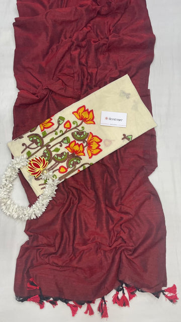 MAROON  Handloom Khadi Cotton Saree  Whith Pichhvay Embroidery  Blouse Piece