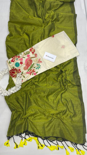 PEROT GREEN  Handloom Khadi Cotton Saree  Whith Pichhvay Embroidery  Blouse Piece