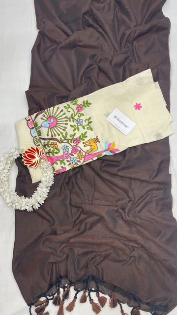 COFFEE  Handloom Khadi Cotton Saree  Whith Pichhvay Embroidery  Blouse Piece