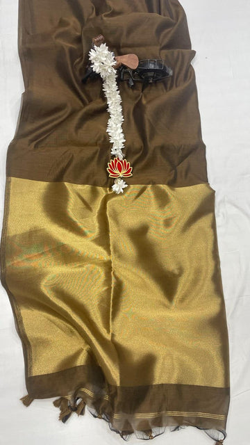 COFFEE HANDLOOM KHADI COTTON SAREE WITH GOLDEN ZARI PALLUWITH HEVY TASSELS