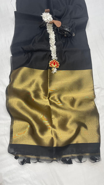 BLACK HANDLOOM KHADI COTTON SAREE WITH GOLDEN ZARI PALLUWITH HEVY TASSELS