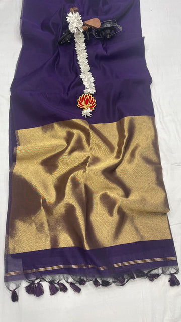 PURPLE HANDLOOM KHADI COTTON SAREE WITH GOLDEN ZARI PALLUWITH HEVY TASSELS