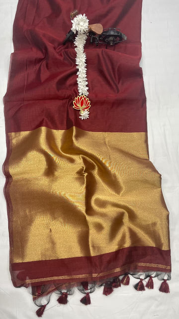 MAROON HANDLOOM KHADI COTTON SAREE WITH GOLDEN ZARI PALLUWITH HEVY TASSELS