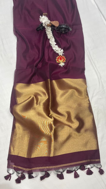 WINE HANDLOOM KHADI COTTON SAREE WITH GOLDEN ZARI PALLUWITH HEVY TASSELS